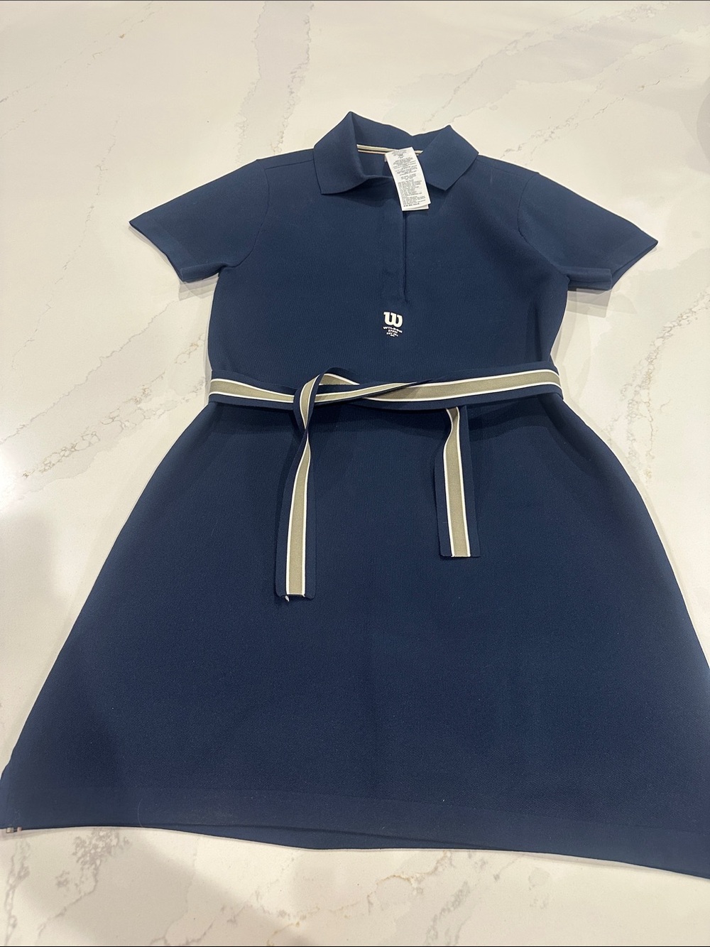 Wilson Sport Navy Blue Cotton Dress with striped olive white and navy belt small